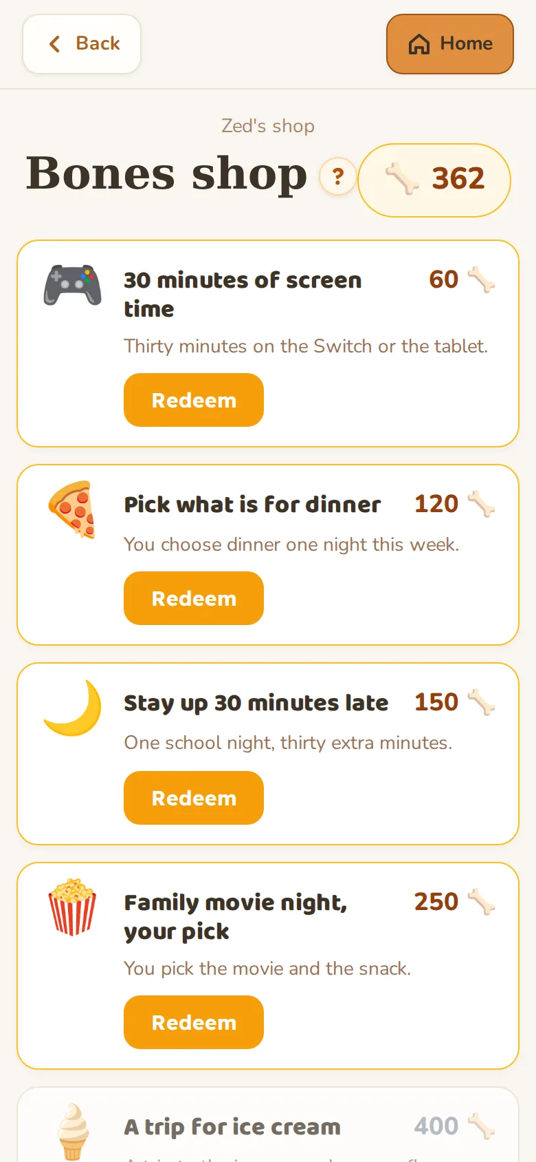 Zed's shop: a balance of 362 Bones and a list of prizes with their cost, such as thirty minutes of screen time for 60 Bones, pick what is for dinner for 120 and stay up 30 minutes late for 150, each with a Redeem button.