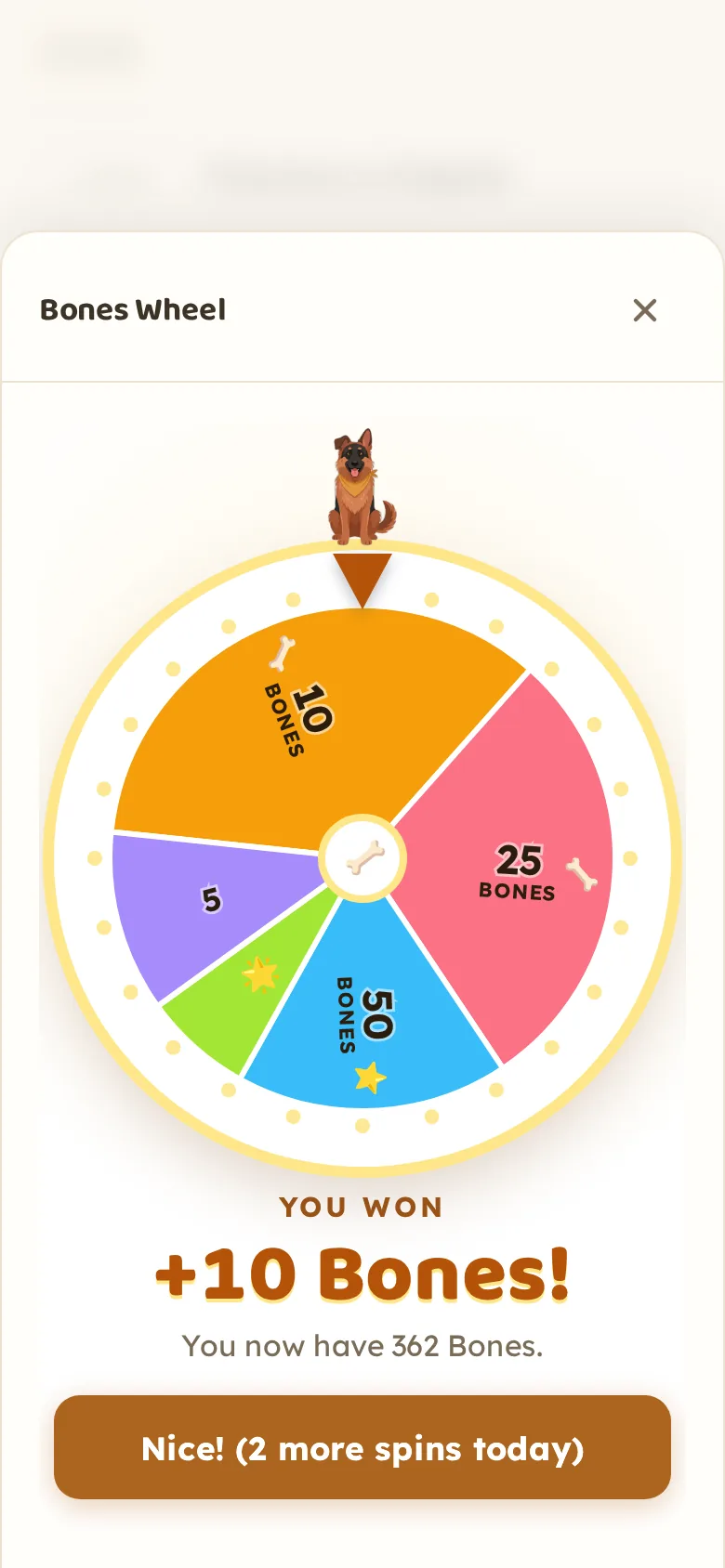The Bones wheel has stopped with the 10 Bones slice under the pointer and confetti falling. The screen says YOU WON +10 Bones!, You now have 362 Bones, and offers a button reading Nice! 2 more spins today.
