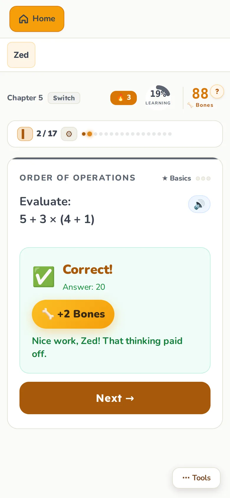 The same question just after Go: a green Correct! card with the answer 20, a chip reading +2 Bones and the line Nice work, Zed! That thinking paid off. The header shows a 3 streak, 19 percent learning and 88 Bones; a Next button sits below.